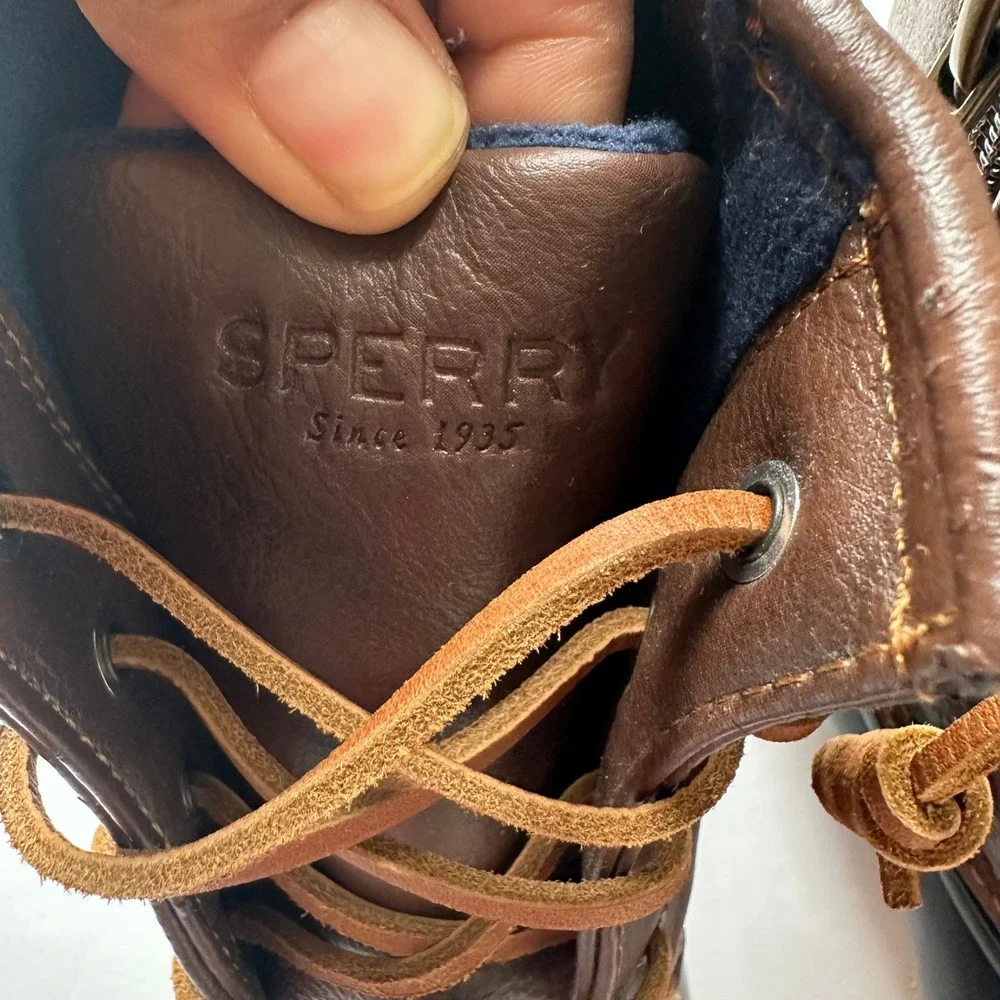 Sperry Girls Saltwater Duck Boots Navy Brown Side Zip YG55203 Size 5M